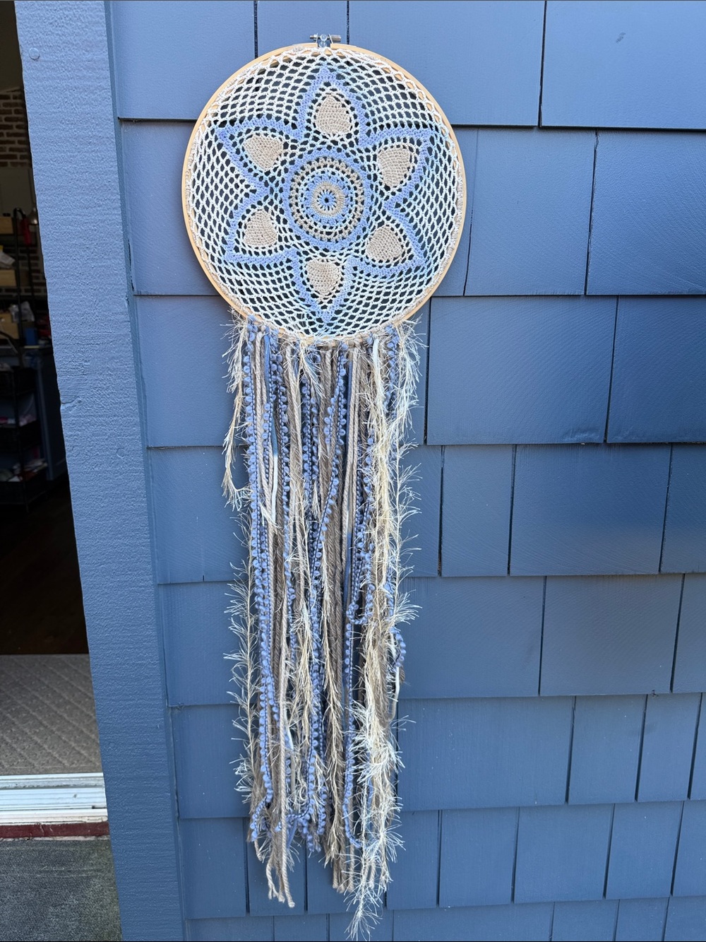 Handmade Blue and Cream Crochet Dreamcatcher Wall Art